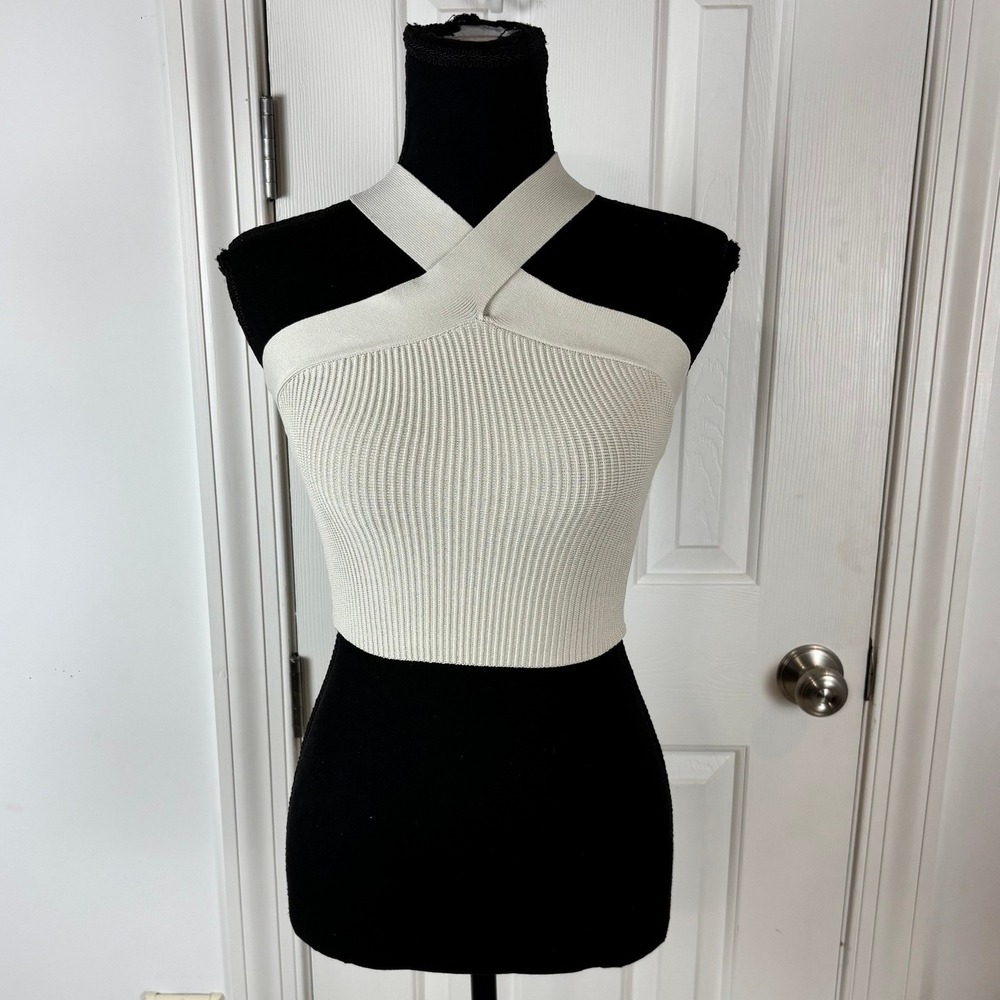 Babaton Aritzia Sculpt Knit Criss Cross Halter Top Beige XS 77075